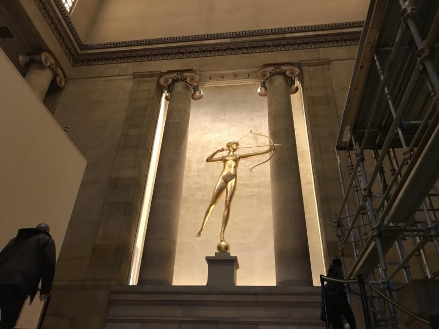 The copper structure, Diana, at the top of the museum’s grand staircase. 